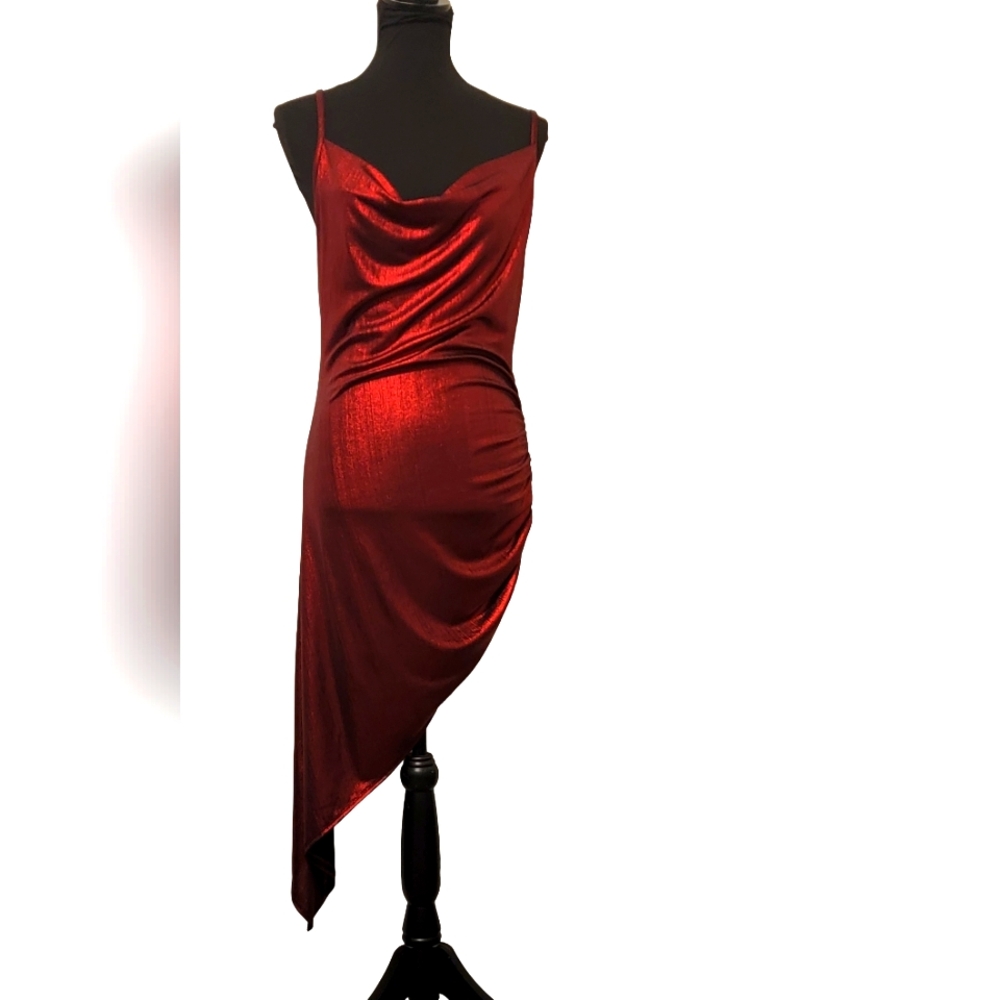 Forever Rose Metallic Shimmer Asymetrical Spaghetti Strap Party Midi Dress